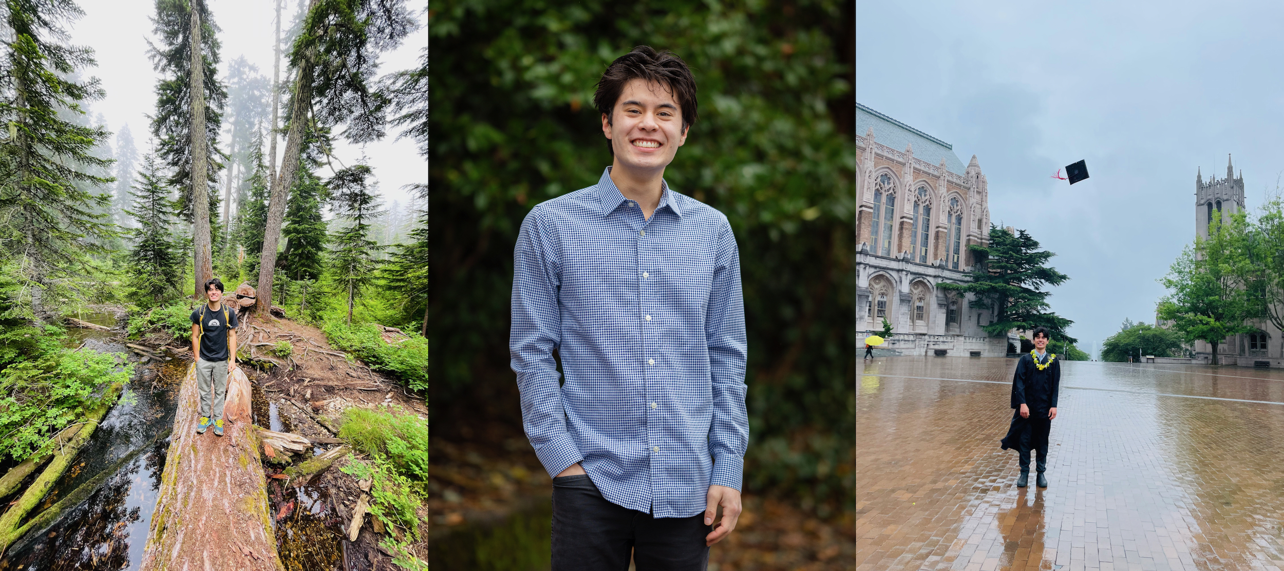 mosaic of three photos of rudy: hiking, professional, and graduating