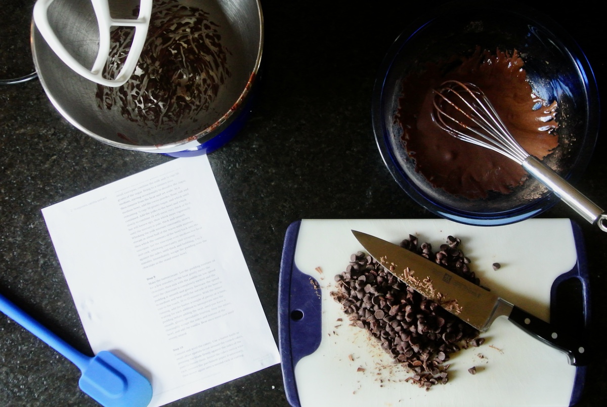 chopped chocolate on a cutting board with recipe in frame