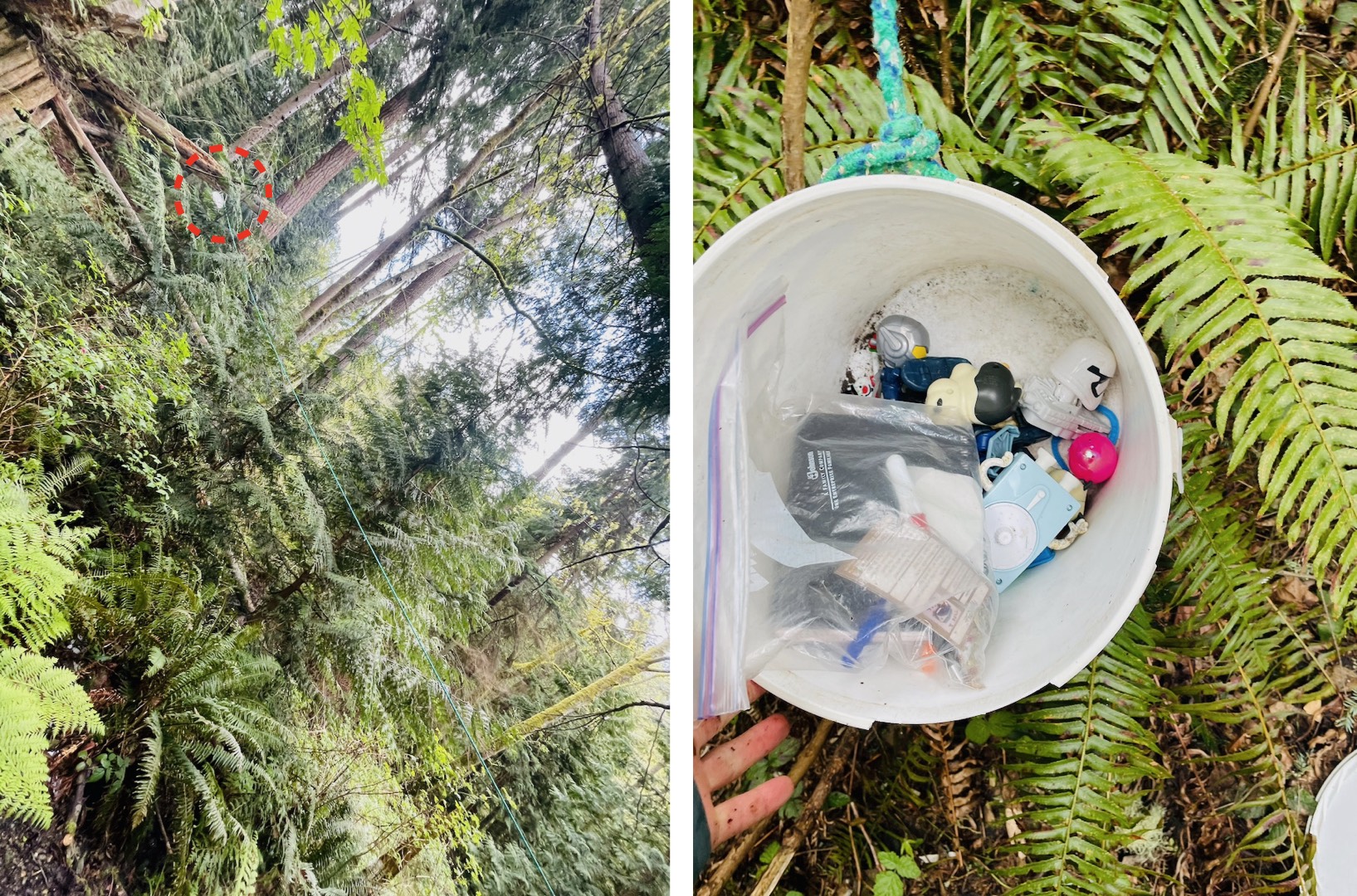 composite of bucket suspended from a log and a close up of a bucket filled with toys