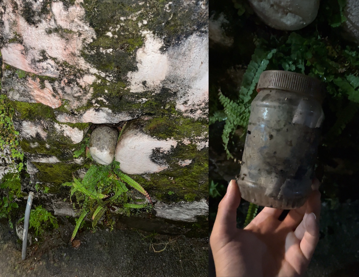 geocache container hidden in a wall